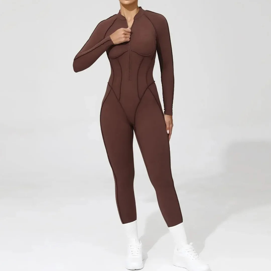 Seamless Yoga Jumpsuit Sports Fitness Backless Tight Zipper Long-sleeved One-Piece Workout Clothes Gym Leggings Sportswear