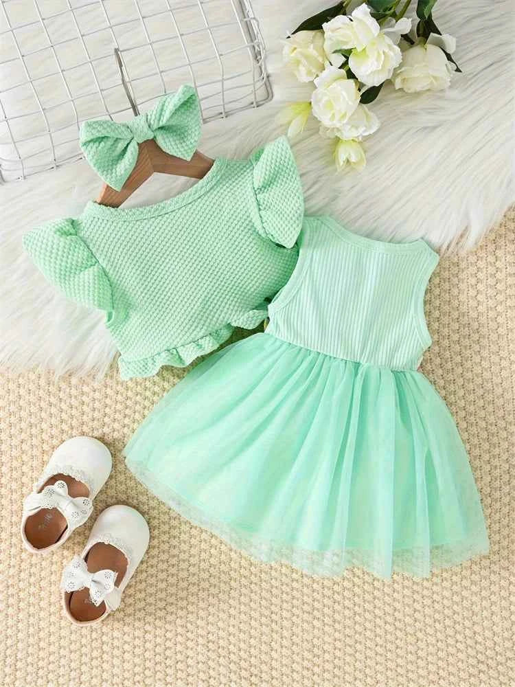 Newborn 2024 Baby Girls Dress Summer Waist Flower Vest Sleeveless Short Top Sweet Girl Lace Mesh Dress