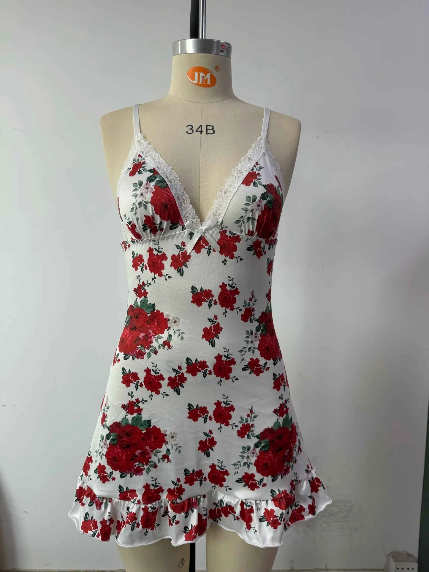 Sexy Rose Print Nightgown Women's Lace Trim Lingerie Criss Cross Cami Mini Dress Cute Bodycon Chemise Trendy Nightwear New