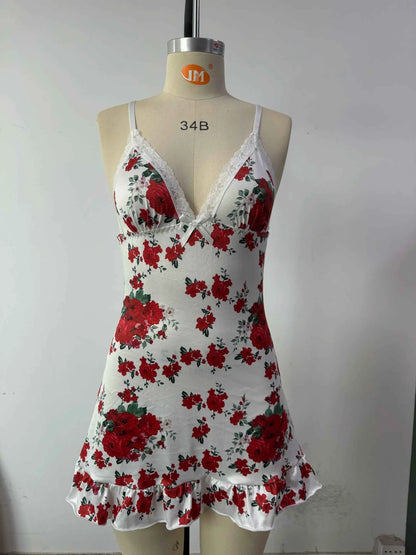 Sexy Rose Print Nightgown Women's Lace Trim Lingerie Criss Cross Cami Mini Dress Cute Bodycon Chemise Trendy Nightwear New