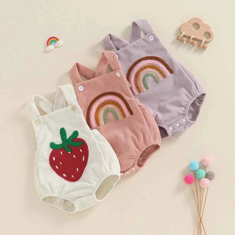 Infant Baby Girl Boy Overalls Rompers Summer Rainbow/Strawberry Embroidery Sleeveless Square Neck Suspender Ribbed Romper - AMULET RING STORE