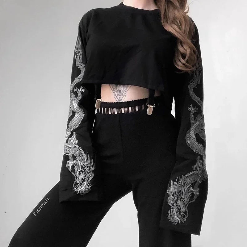 Gothic Punk Cool Girl Dragon Pattern T Shirts Long Sleeve Suspenders Crew Neck Black Crop Top Autumn Pullover Women T-Shirt - AMULET RING STORE