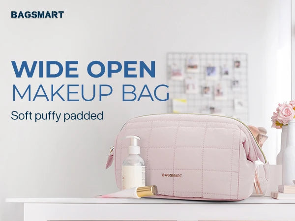 BAGSMART Makeup Bag Puffy Padded Make Up Bags for Women Makeup Organizer Case Wide-open Pouch Toiletry Bag Travel Essentials - AMULET RING STORE