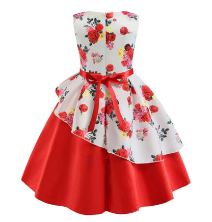 Summer Girls Rose Print Dress Princess Wedding Birthday Party Frocks Satin Children Vestidos Dresses For Girl Christmas Clothing