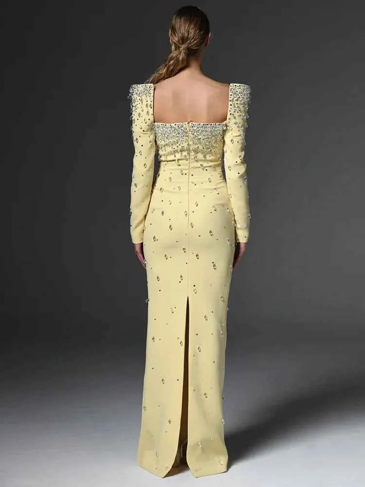 HIGH QUALITY Newest Fashion 2025 Designer Vestido Women's Square Collar Beading Diamonds Long Sleeve Maxi Dress