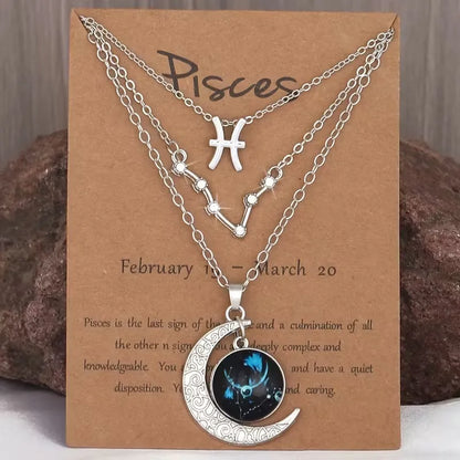 3 Pieces/Set Zodiac Retro Moon Glow Pendant Necklace Set with Birthstone Cards, Birthday Gift for Besties and BFFs