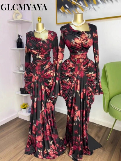 CM.YAYA Women Tie Dye Printed Skew Neck Long Sleeve Ruched Stacked Maxi Long Dress 2025 Fall Evening Birthday Sexy Party Dresses