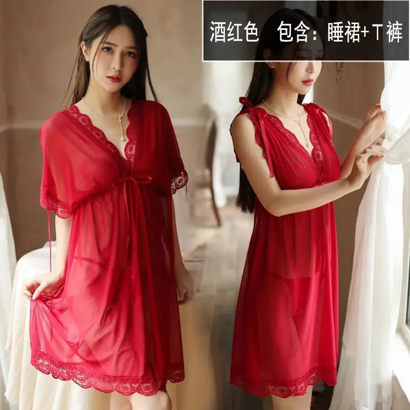 Sexy Sleepwear Women V-neck Nightgown Sexy Nightdress Lace Mesh Pajama Loungewear Summer Dress Nightwear Night Wear