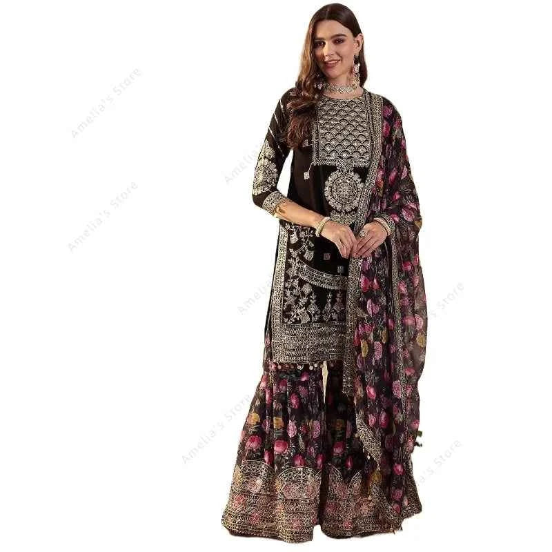 Women's Vintage Indian Heavy Embroidered Georgette Punjabi Suit Sequins 3 PCS Set Tunic Pants Dupatta for Wedding Festival Party