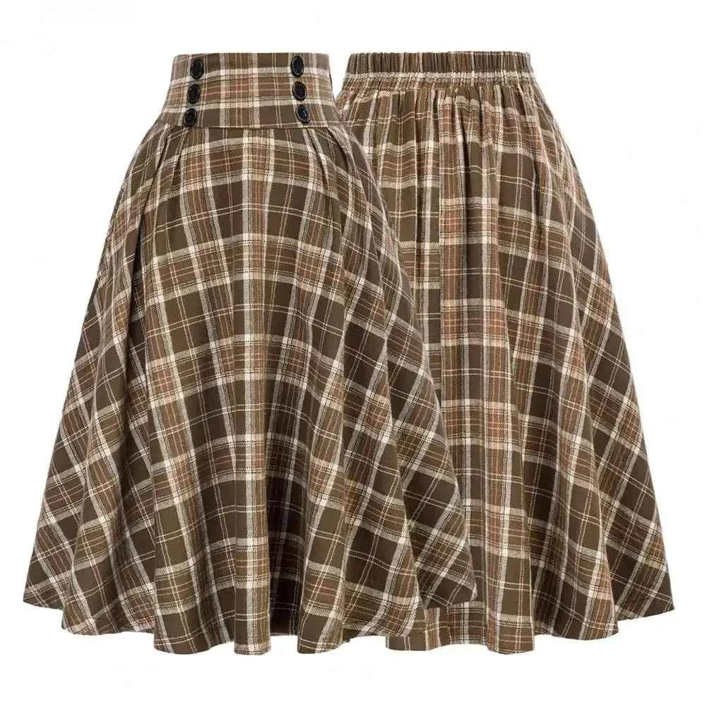High Waist Plaid Swing Skirt Faionable Large Flounce Midi Skirt Women's Premium Clothing A-Line Silhouette Umbrella Skirt
