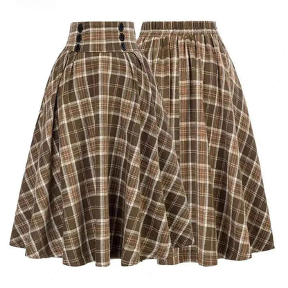High Waist Plaid Swing Skirt Faionable Large Flounce Midi Skirt Women's Premium Clothing A-Line Silhouette Umbrella Skirt