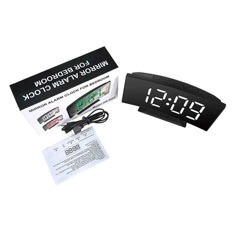 Curved Screen Clock Digital Led Alarm Clock with Temperature Display Large Mirror Clock Snooze Bedside Table Clock Room Decor