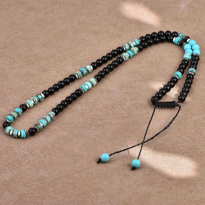 Black Onyx Turquoise Necklace for Men 6mm Natural Stone Beaded Energy Jewelry Adjustable Hand-Knotted Men's Necklace Healing Cry