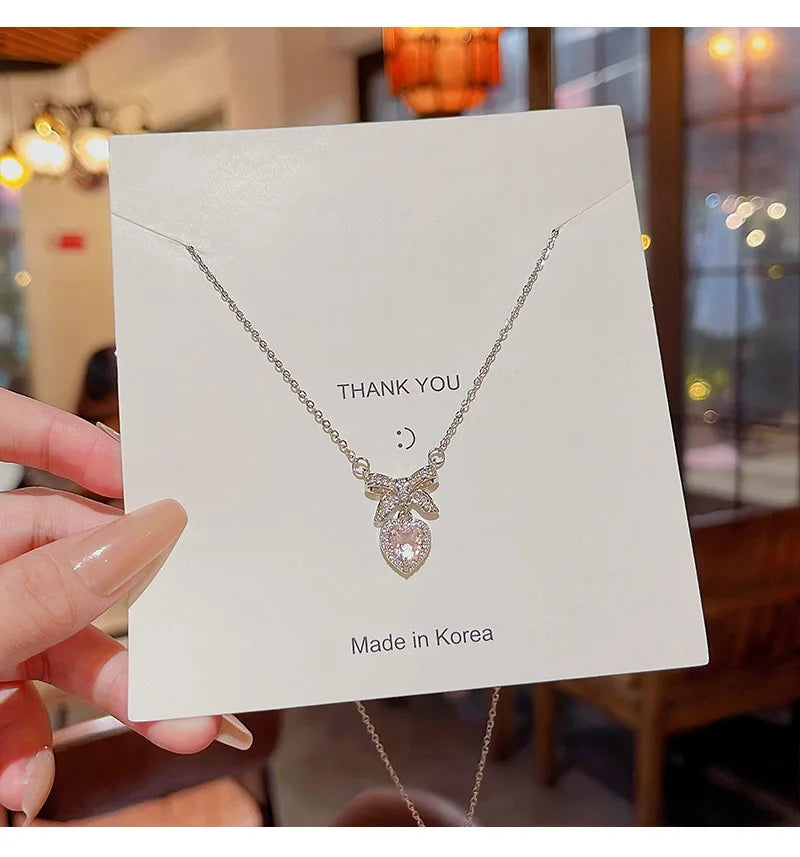 Korean Fashion Pink Crystal Heart Bow Tie Pendant Necklace Silver Color Chain Neck Necklace for Women Wedding Aesthetic Jewelry