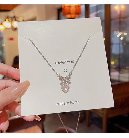 Korean Fashion Pink Crystal Heart Bow Tie Pendant Necklace Silver Color Chain Neck Necklace for Women Wedding Aesthetic Jewelry