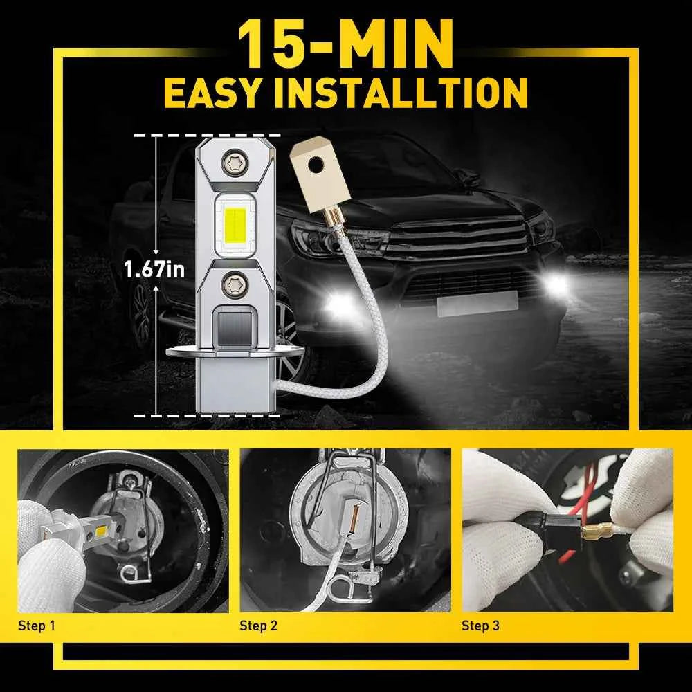 AUXITO 2Pcs H3 LED Headlight Bulb Canbus No Fan High Beam 6500K White Yellow Car LED Fog Light Driving Lamp DRL 12V Mini Design