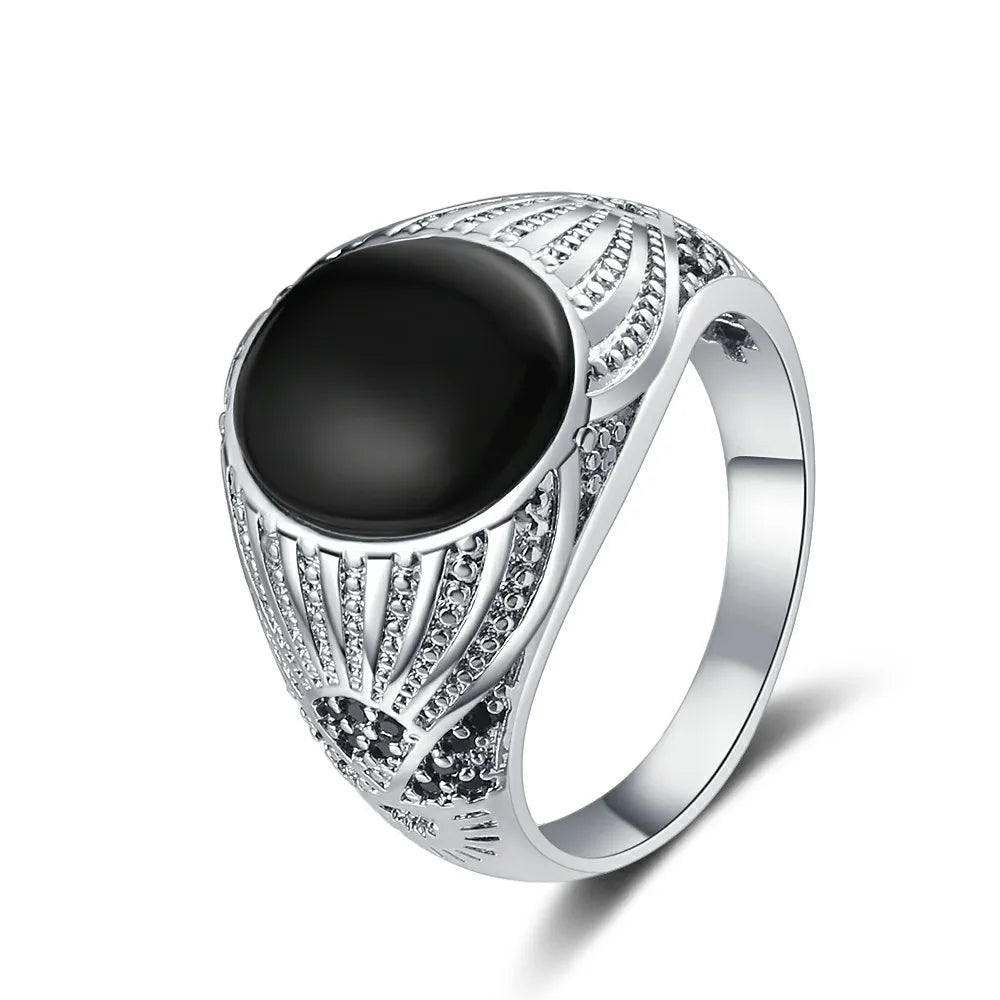 Silver Jewelry Ring Natural Oval Rectangle Big Black Agate Stone Vintage Ring For Women Party Anniversary Gifts Fine Jewelry