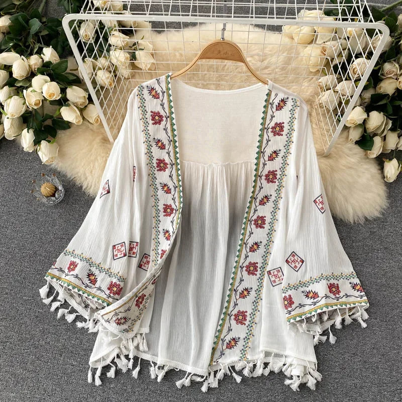 Summer Women's Shirt Bohemian Holiday Style Embroidered Tassel Chiffon Cardigan New Waist Female Slim Short Tops - AMULET RING STORE