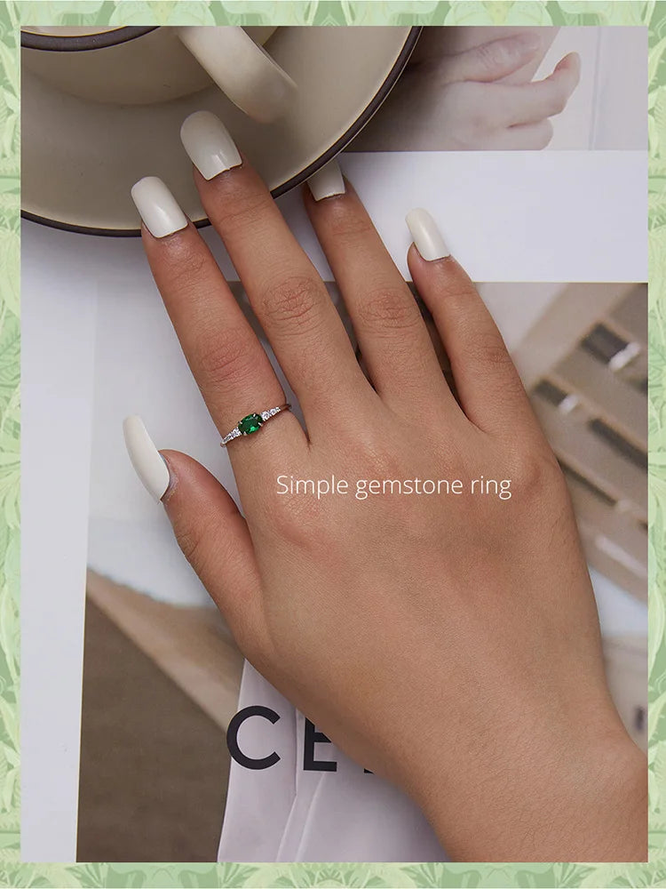 BAMOER 925 Sterling Silver Oval Gemstone Ring for Women Green Pink Zirconium Prongs Setting Ring Wedding Bridal Jewelry Gift