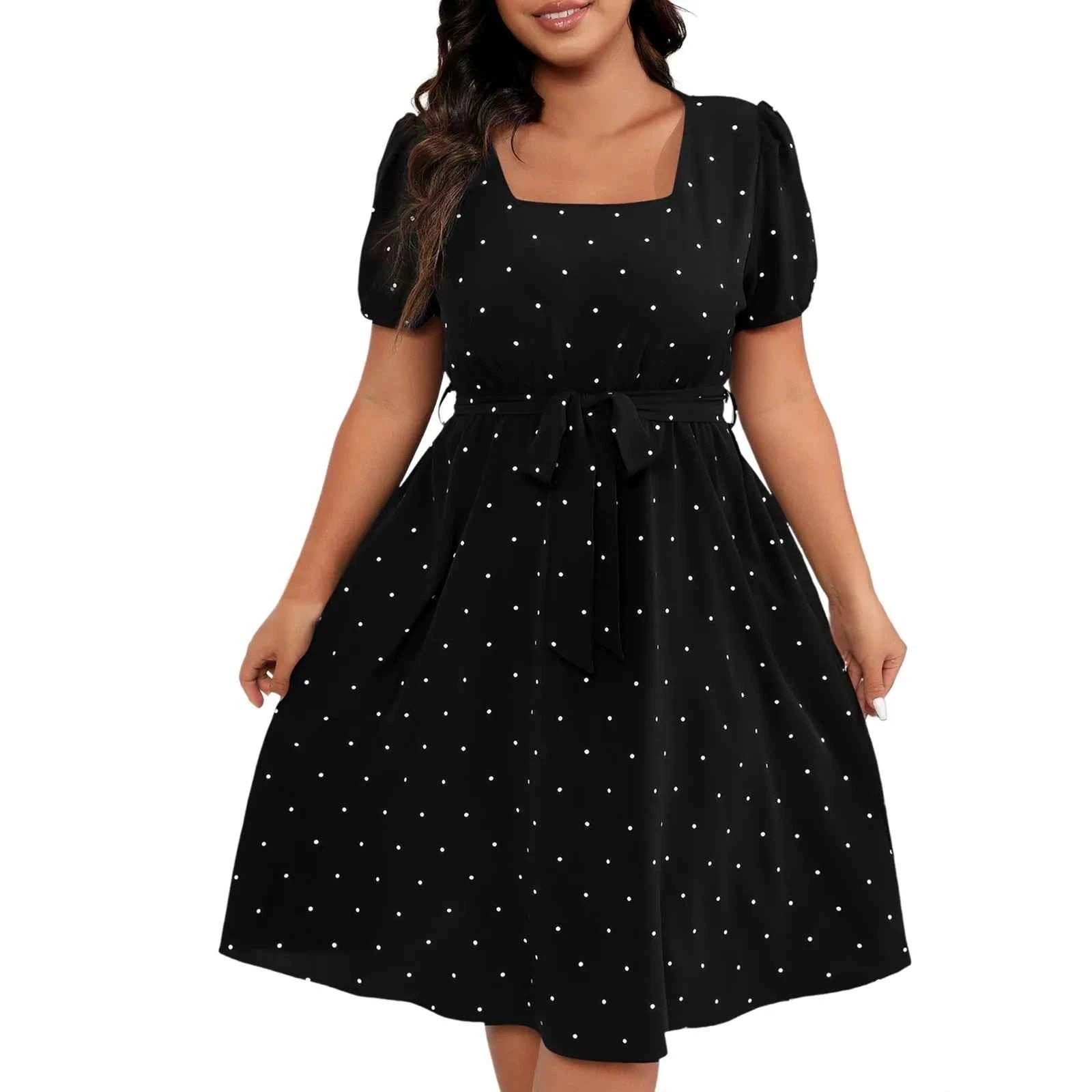 Plus Size Ladies Elegant Retro Polka Dot Waist Tie Square Neck Dress Classic Fashion Summer Short Sleeve Vacation A-line Skirt