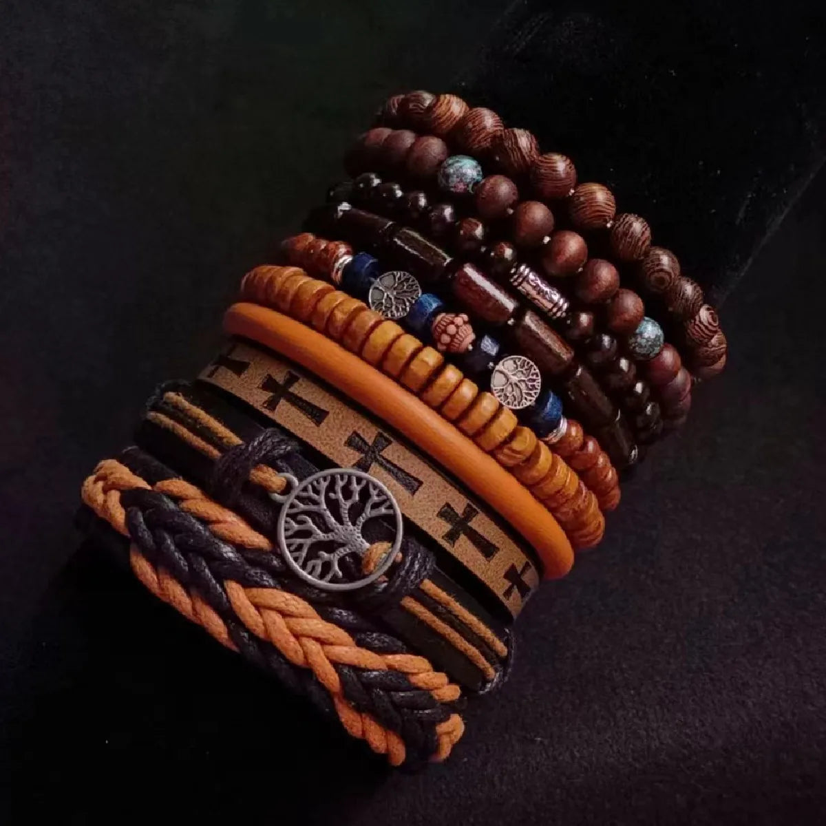 Khaki Tree 10 Pcs/set Black Wrap Woven Fashion Handmade Men Bracelets Male Women Leather Bracelets Men Bangle Wholesale Jewelry