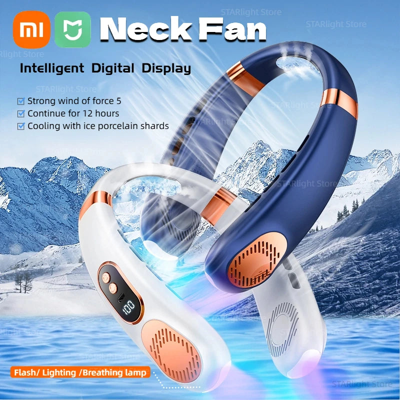 XIAOMI 2025 Neck Fan USB Rechargeable Cooling Fan 5 Speed Adjustable Neck Cooler Digital Display Bladeless Neckband Fan