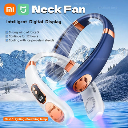 XIAOMI 2025 Neck Fan USB Rechargeable Cooling Fan 5 Speed Adjustable Neck Cooler Digital Display Bladeless Neckband Fan