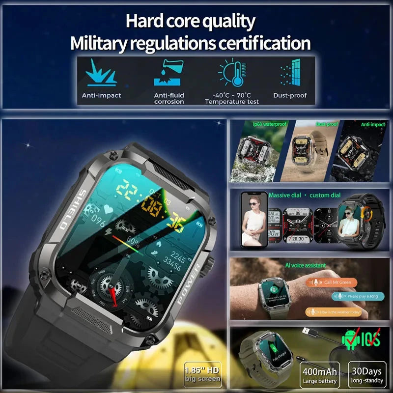 Outdoor Men Smart Watch 1.85'' 400mAh Bluetooth Call Health Monitor Swim Waterproof Sport Smartwatch for Xiaomi IOS Android 2025
