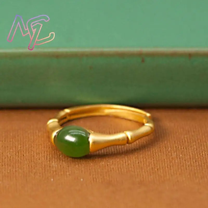 Green Natural Jade Bamboo Rings Stone Carved Gemstone Vintage Charm Lucky Talismans Adjustable Ring Real Jewelry