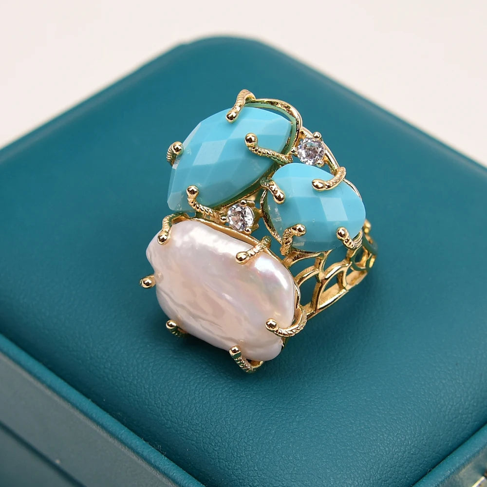 Natural White Pearl Blue Turquoise Stone Rings Adjustable Jewelry Gifts