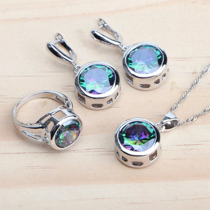 925 Sterling Silver Jewelry Sets Bridal Women Natural Magic Rainbow Zircon Earrings Ring Bracelets Pendant Wedding Necklace Set - AMULET RING STORE