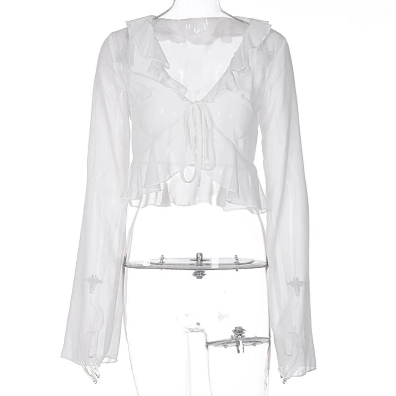 Vintage 90s Streetwear Ruffles Trim Green Chiffon T-shirts Y2K Fashion Sexy Deep V Lace Up Long Sleeve Tops Transparent - AMULET RING STORE