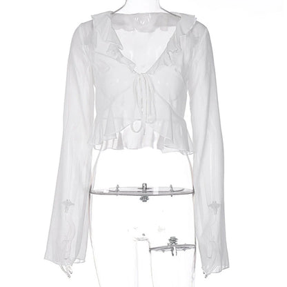 Vintage 90s Streetwear Ruffles Trim Green Chiffon T-shirts Y2K Fashion Sexy Deep V Lace Up Long Sleeve Tops Transparent - AMULET RING STORE