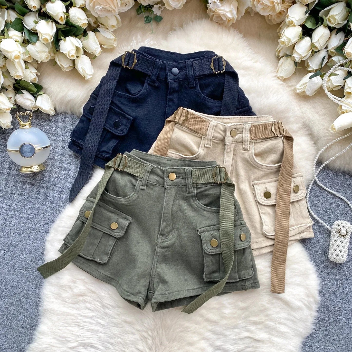 Women's Summer High Waisted Stretchy Denim Shorts Korean Cargo Style Slim Fit Ultra Short Hot Pants with Large Pockets for Dance