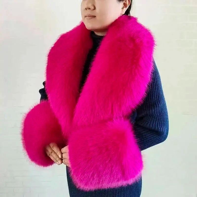 Large Winter Faux Fox Fur Scarf Women Jackets Warm Fluffy Shawl Fashion Artificial Fur Collar And Cuff Set Fluffy Scarves Female