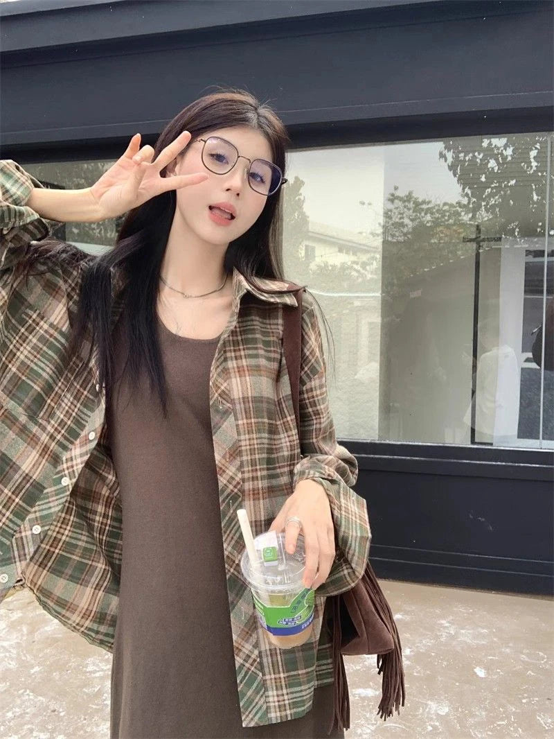 Zoki American Y2K Plaid Shirt Women Loose Streetwear Long Sleeve Vintage Blouse Casual Oversize All Match Female Spring Tops New - AMULET RING STORE