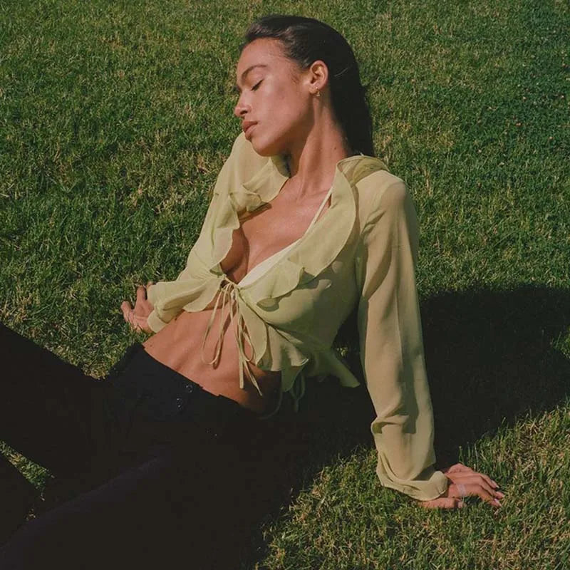 Vintage 90s Streetwear Ruffles Trim Green Chiffon T-shirts Y2K Fashion Sexy Deep V Lace Up Long Sleeve Tops Transparent - AMULET RING STORE