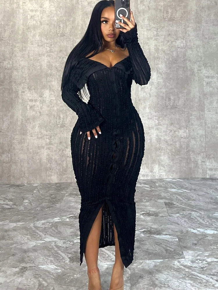 Beyprern Women's Chic Pleated Midi Dress Off Shoulder See-Through Fitted Ruched Party Dress Night Club Outfits Clubwear - AMULET RING STORE