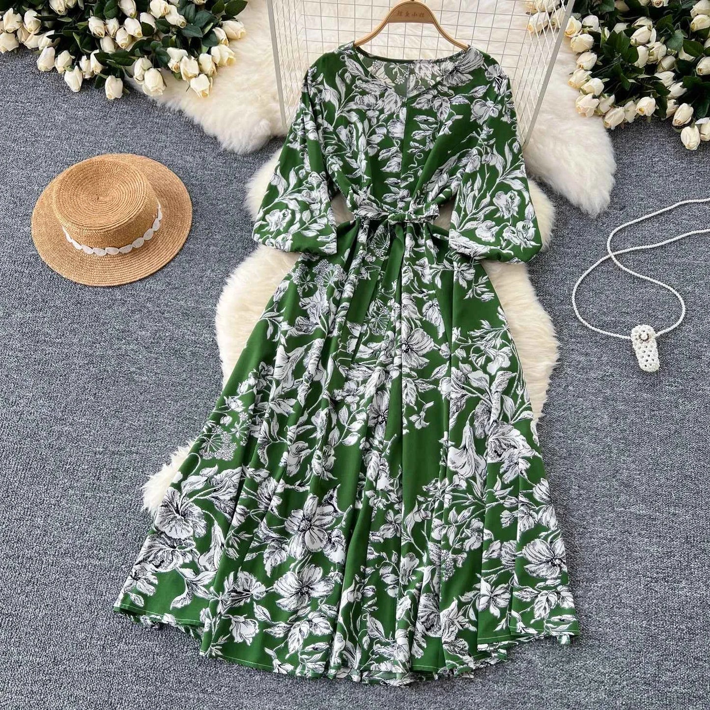 Elegant Boho Floral Print Floral Pleated Maxi Long Dress Female V Neck Puff Sleeve Belt Dresses Women Summer Dress Robe