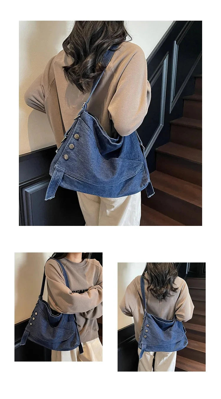 2025 New Women's Denim Tote Bag - Retro Crossbody Shoulder Bag with Large Capacity for Work & Commute, Fashionable Denim Handbag