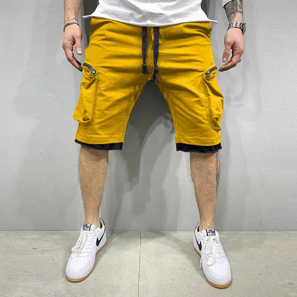 Mens Summer Cargo Shorts Cotton Workout Fitness Shorts Breathable Jogger Training Gyms Bodybuilding Multi Pocket Yellow Shorts