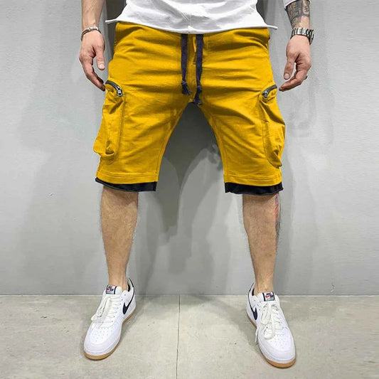 Mens Summer Cargo Shorts Cotton Workout Fitness Shorts Breathable Jogger Training Gyms Bodybuilding Multi Pocket Yellow Shorts