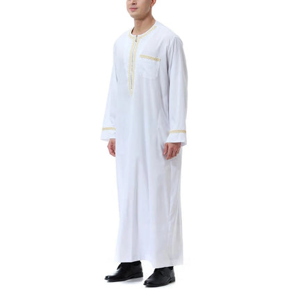 Traditional Muslim Clothing Men's Muslim Shirt robe embroidery Islamic Royalty Dubai Robe O-Neck Long Sleeve Retro Loose Abaya - AMULET RING STORE