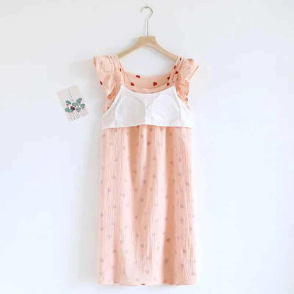 2025 Summer Women's New Sleeping Skirt 100% Cotton Crepe Wood Ear Edge Tank Top Skirt Love Belt Chest Cushion Home Dress Ladies