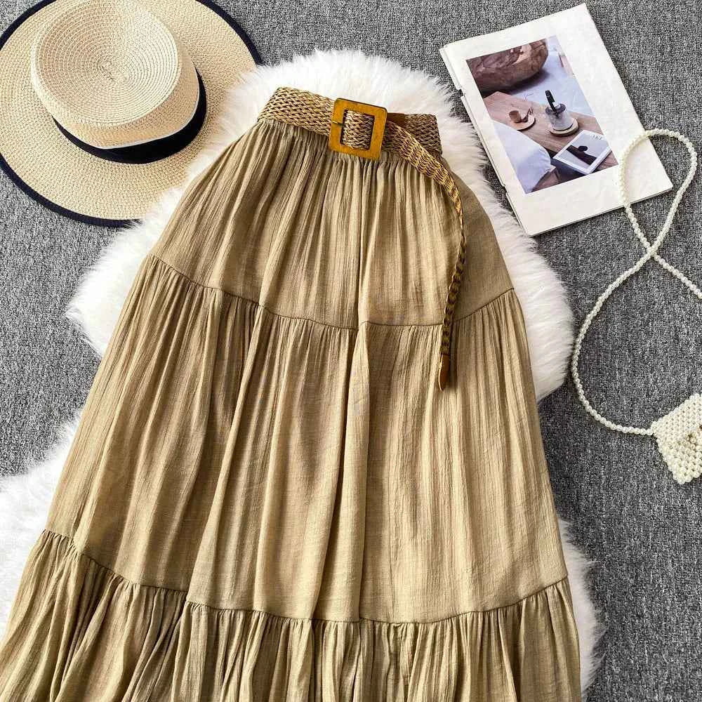 White High Waist A-Line Midi Skirt Women's Summer Casual Flared Cake Skirt Korean Sle Baking Poer Skirt for Young Women