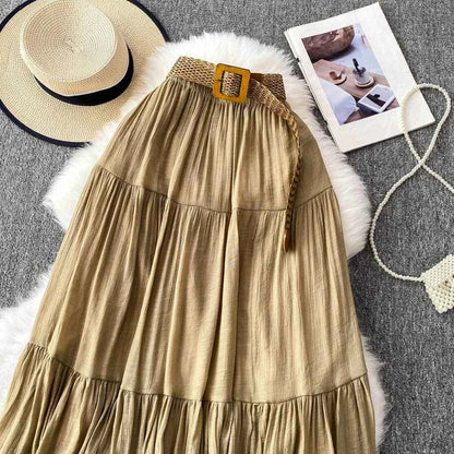 White High Waist A-Line Midi Skirt Women's Summer Casual Flared Cake Skirt Korean Sle Baking Poer Skirt for Young Women