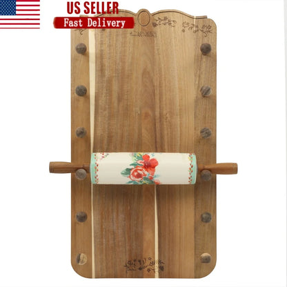 Ceramic Rolling Pin Set with Holder Acacia Wood Handles Floral Design Kitchen Baking Accessories Rustic Style Dough Roller - AMULET RING STORE