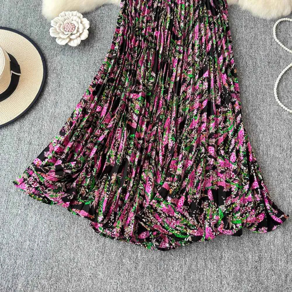 Chiffon A-Line Midi Skirt Women's Autumn 2025 New Sle Cover Hip Draped Large Swing Umbrella Skirt Pleated Floral Skirt