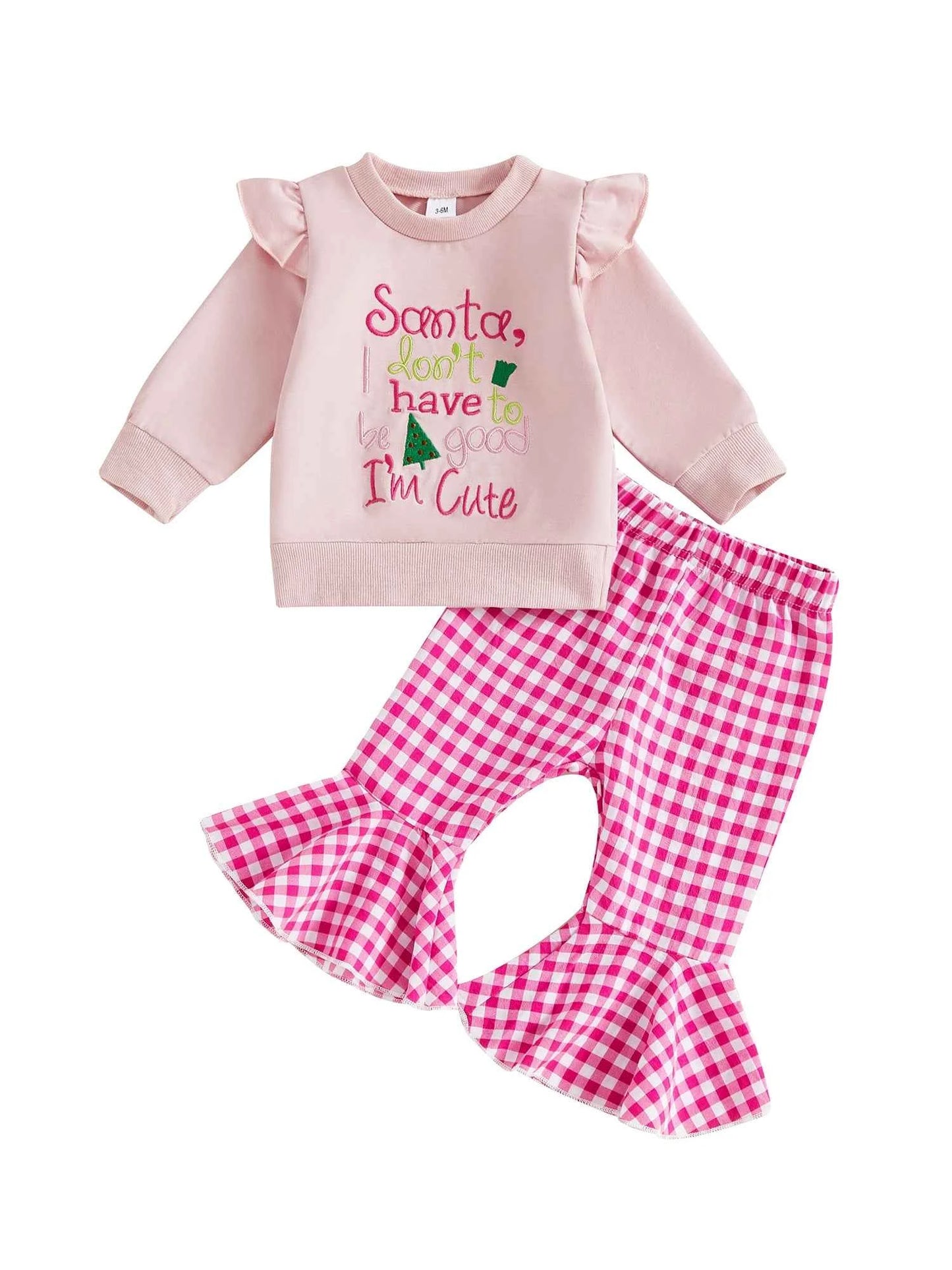 Infant Girls Christmas Outfit Set with Embroidered Letters Pullover and Plaid Bell Bottoms - 2 Piece Holiday Ensemble