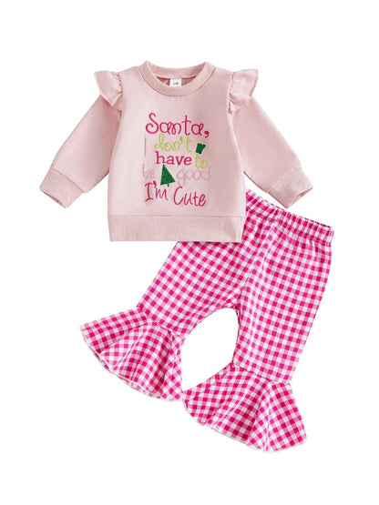 Infant Girls Christmas Outfit Set with Embroidered Letters Pullover and Plaid Bell Bottoms - 2 Piece Holiday Ensemble
